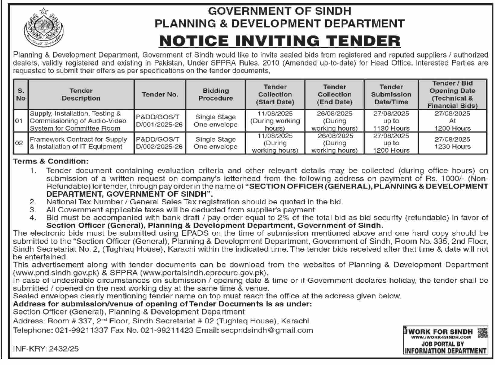 Planning & Development Department Karachi Tender Notice